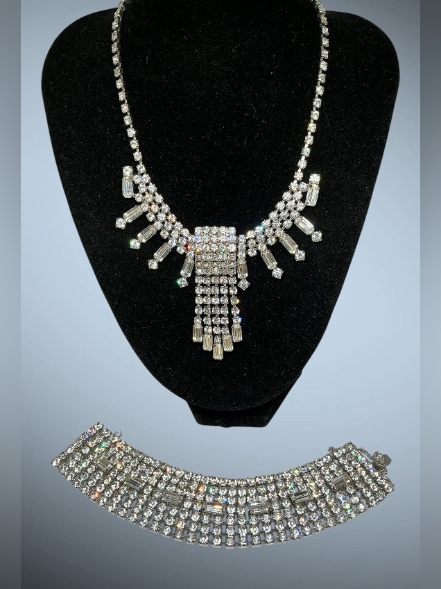 Weiss Crystal Rhinestone Bib Necklace & Wide Bracelet Demi Parure Set, 1950s